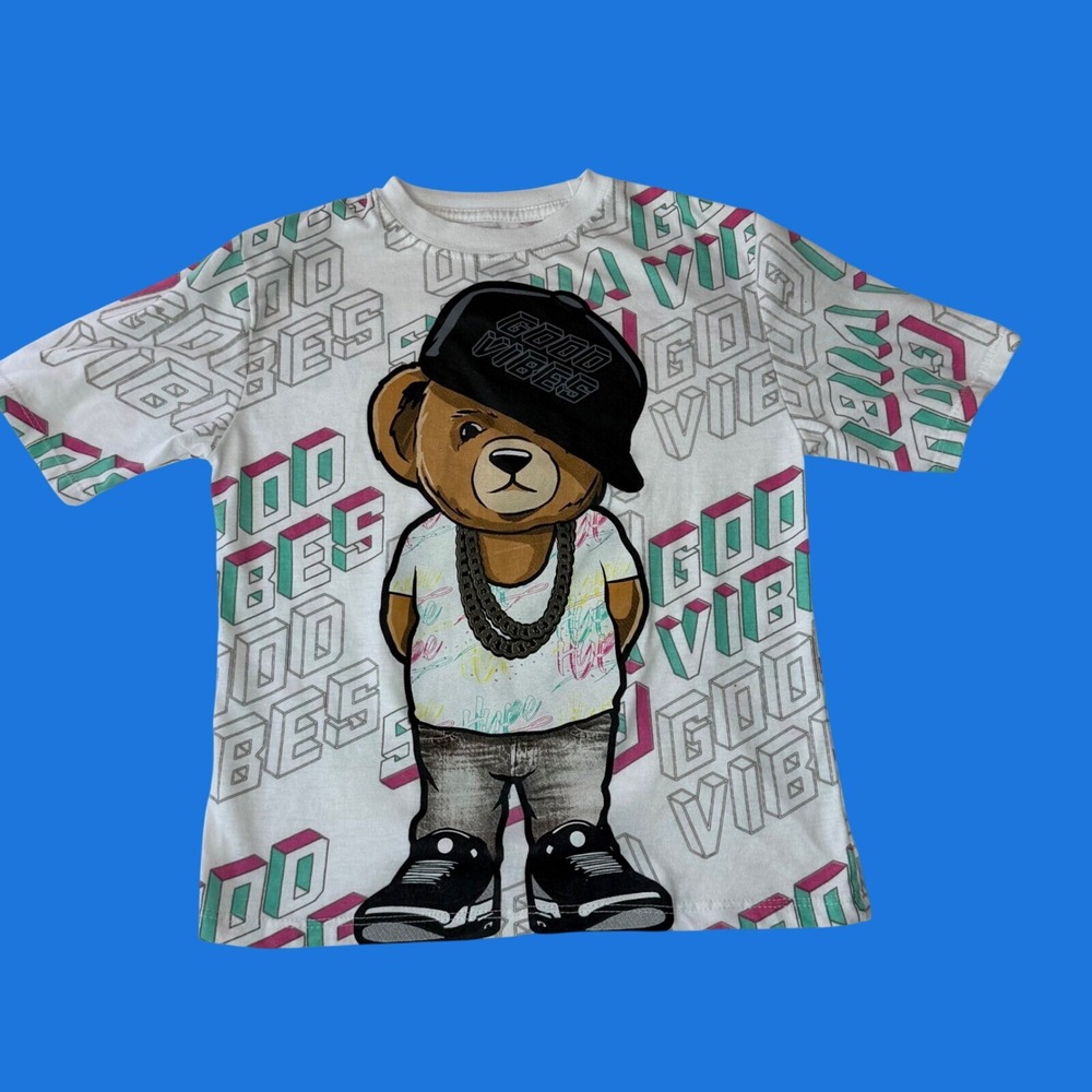 Launder Bailey Apparel Kids Good Vibes Teddy Bear Graphic T-Shirt White Size 8 S